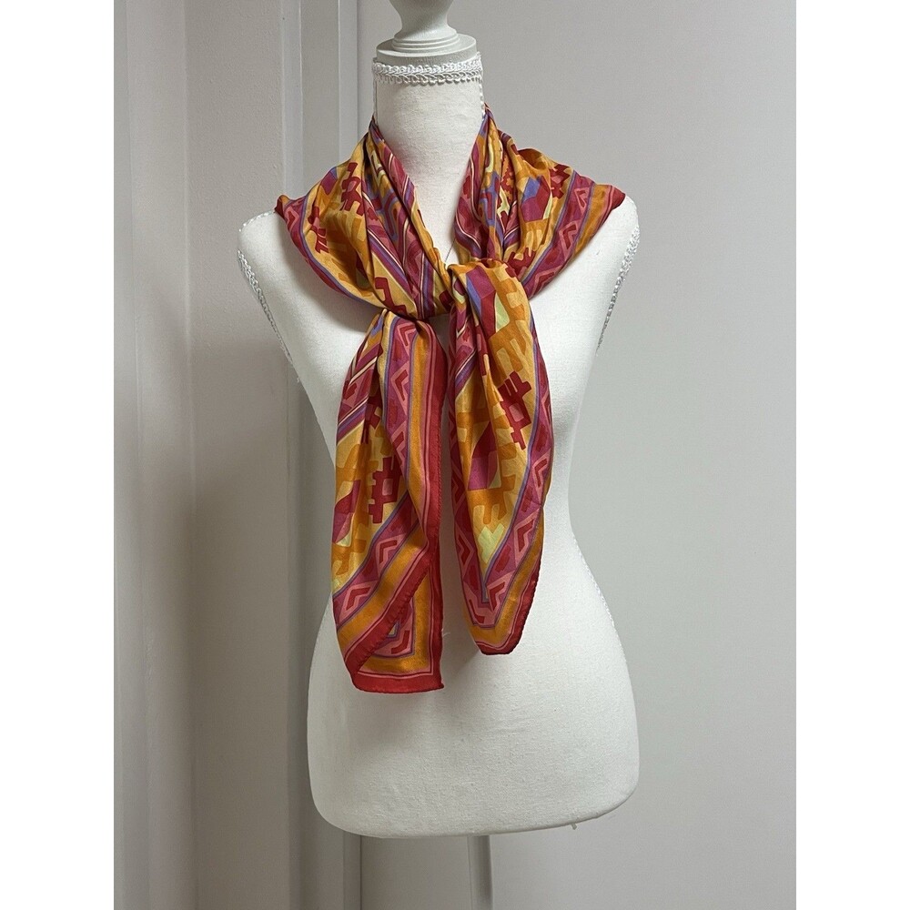 Vintage Adrienne Vittadini Designer 100%Silk Scarf Multicolor Geometrical 34x34”